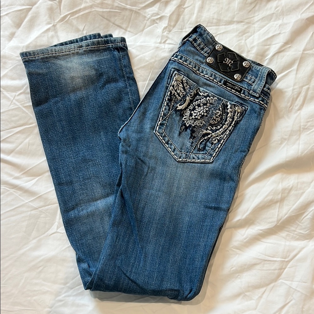 Miss Me Dark Blue Boot Cut Jeans with Silver Embellishments